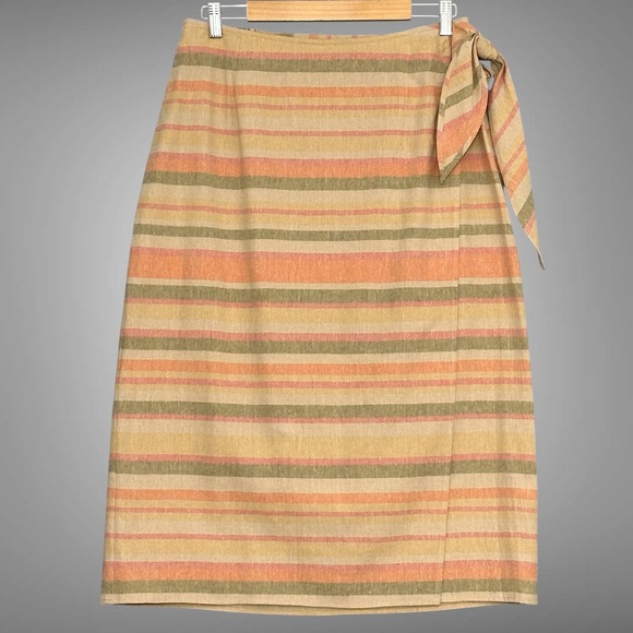 VTG Talbots Womens‎ Skirt 14W Linen Blend Stripe Faux Wrap Midi Classic Beachy - Picture 1 of 12